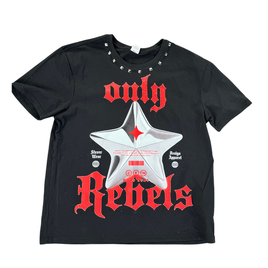 Hand made red only rebels shirt with studs on neckline
